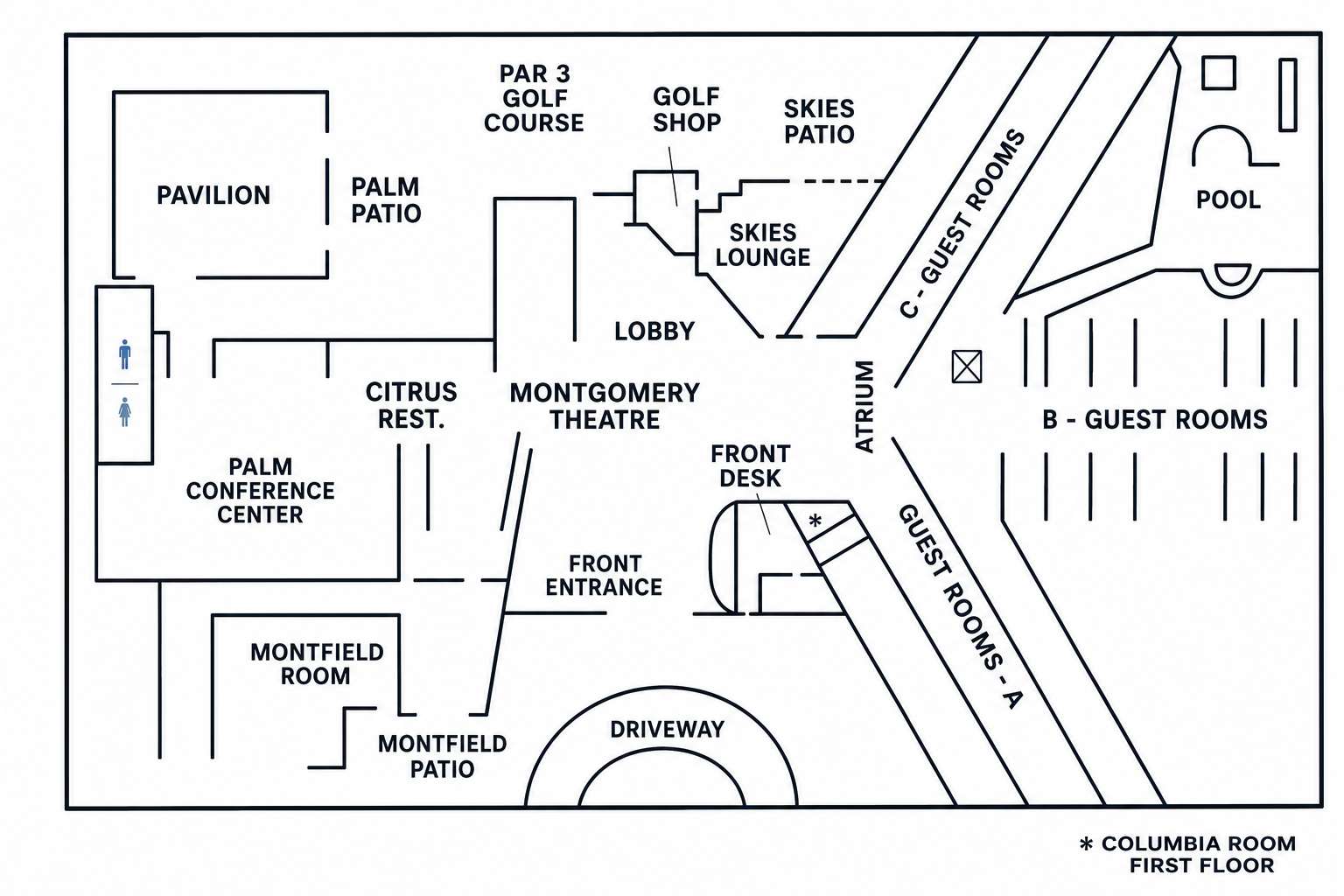 First-floor diagram showing the Palm Conference Center, Pavilion, Montfield Room, Montgomery Theatre and Columbia Room